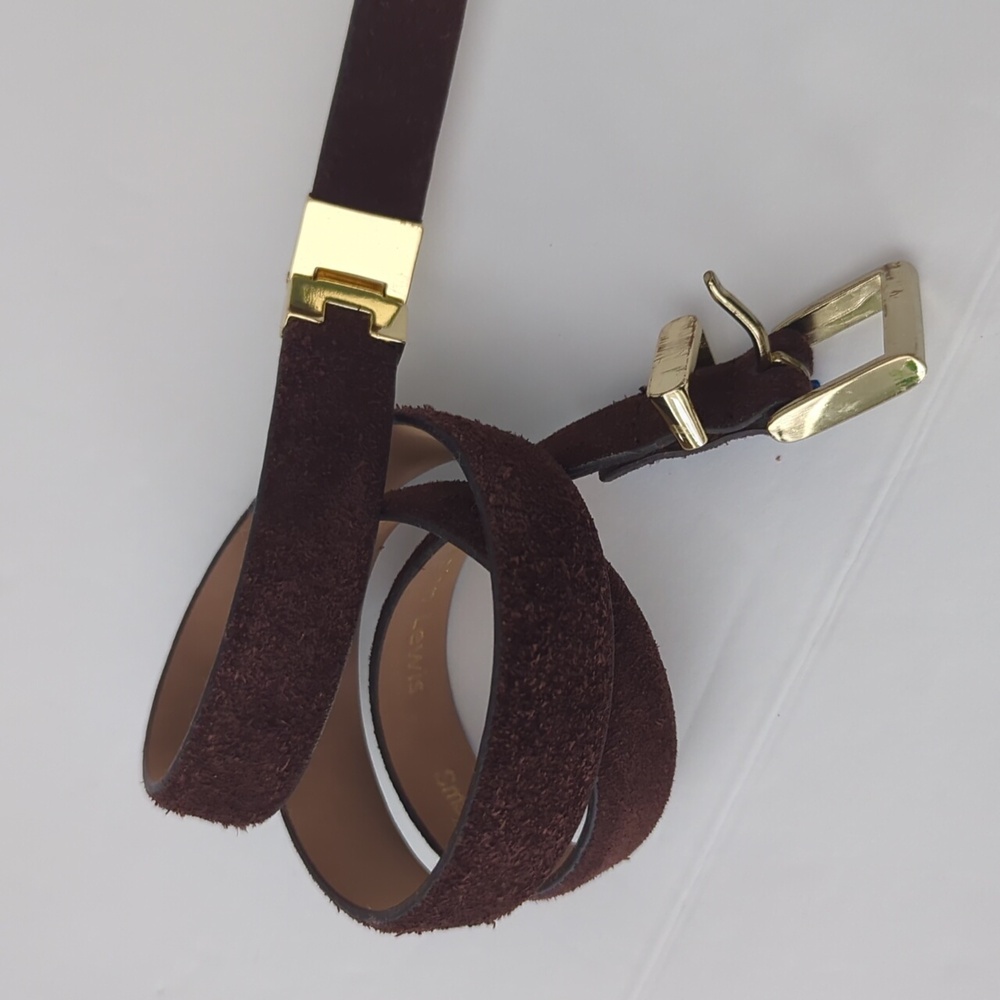 John Lewis Chocolate Suede Belt with Gold Hinge and Buckle Narrow size Small